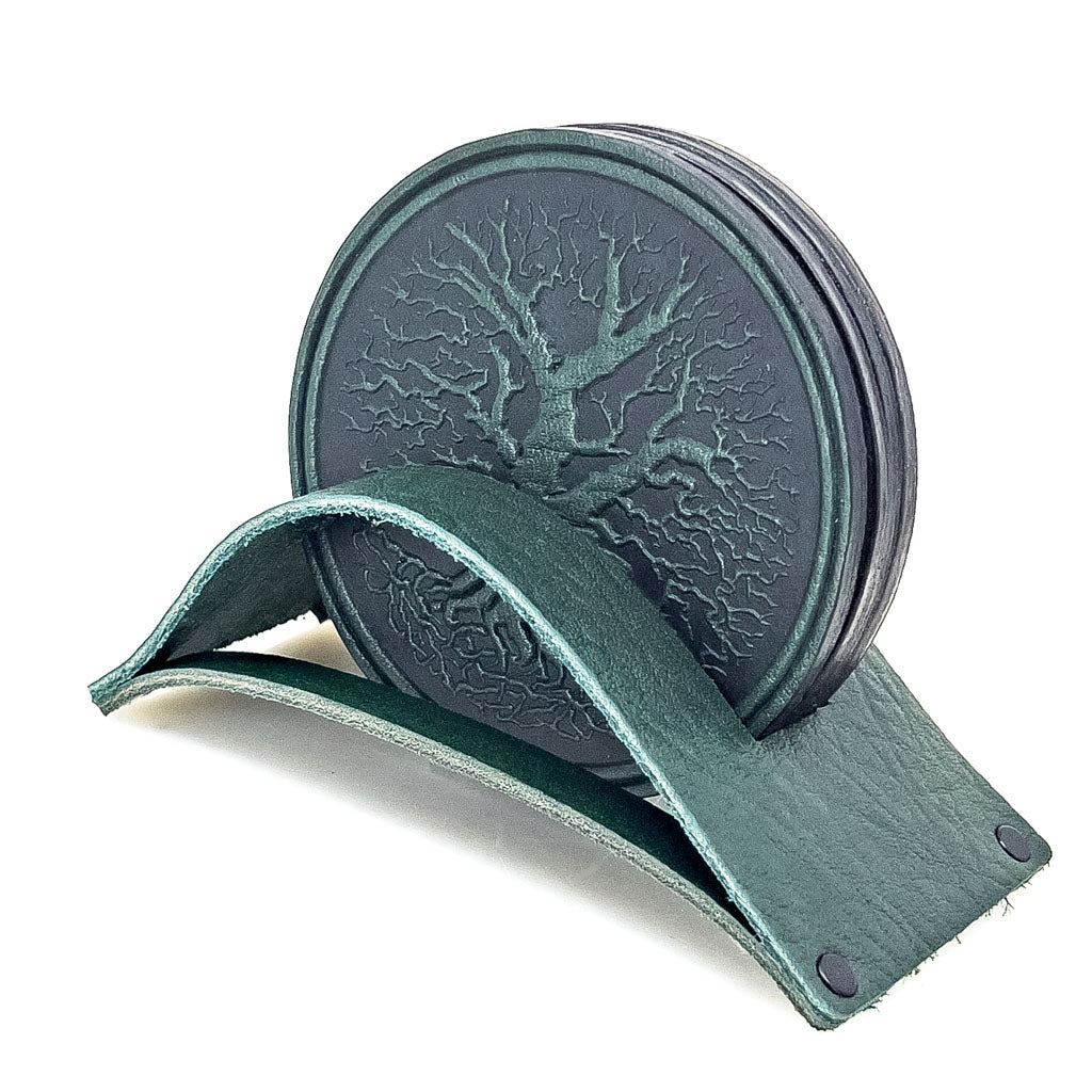 Premium Leather Coasters, Tree of Life, Handmade in The USA, Set of 4, Green in Holder