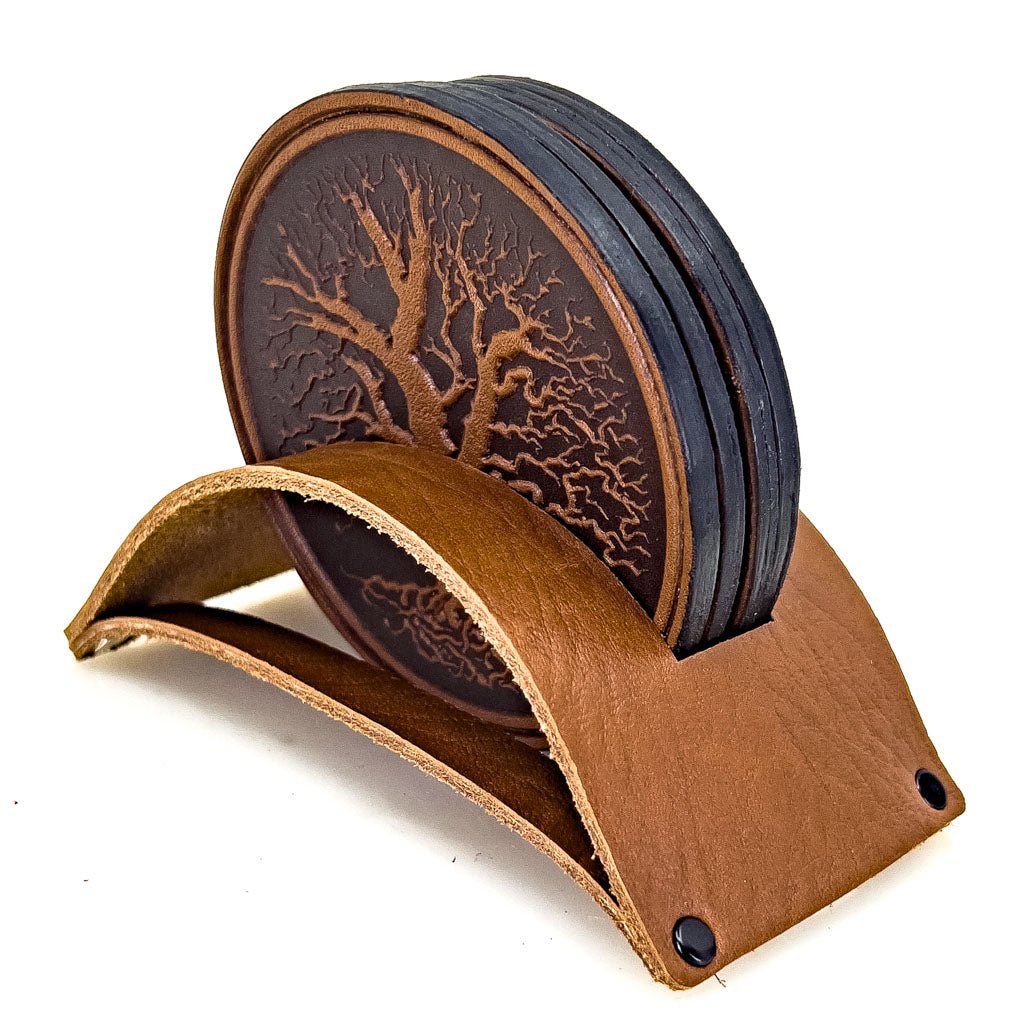 Premium Leather Coasters, Tree of Life, Handmade in The USA, Set of 4, Saddle in Holder