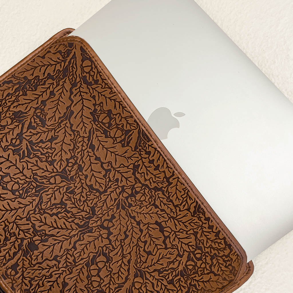 Leather Laptop Sleeve, MacBook Case, Tablet Cover, Oak Leaves, Saddle with Computer