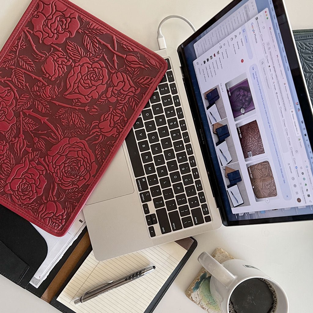 Genuine Leather Laptop Sleeve, MacBook Case, Tablet Cover, Wild Rose, Red with Computer