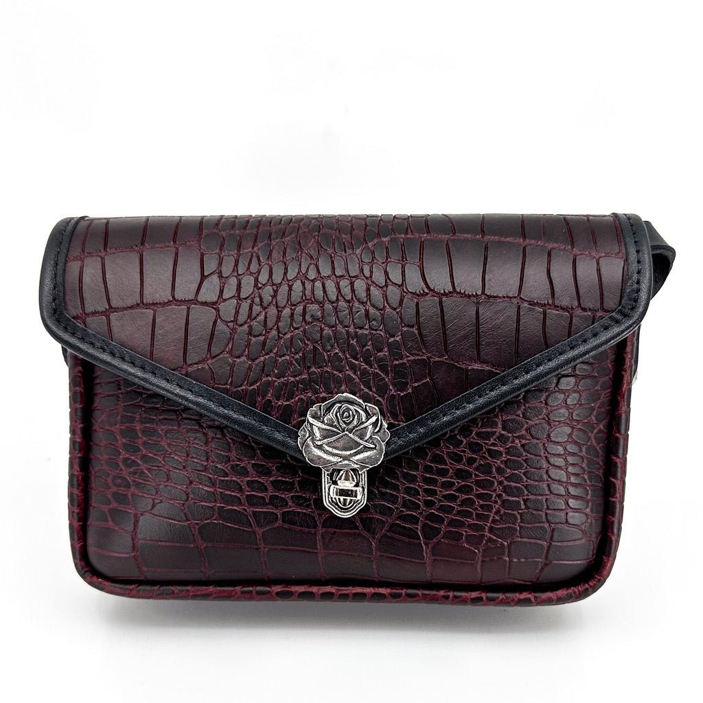 Becca Cell Phone Handbag, Burgundy Alligator, Modeled Image