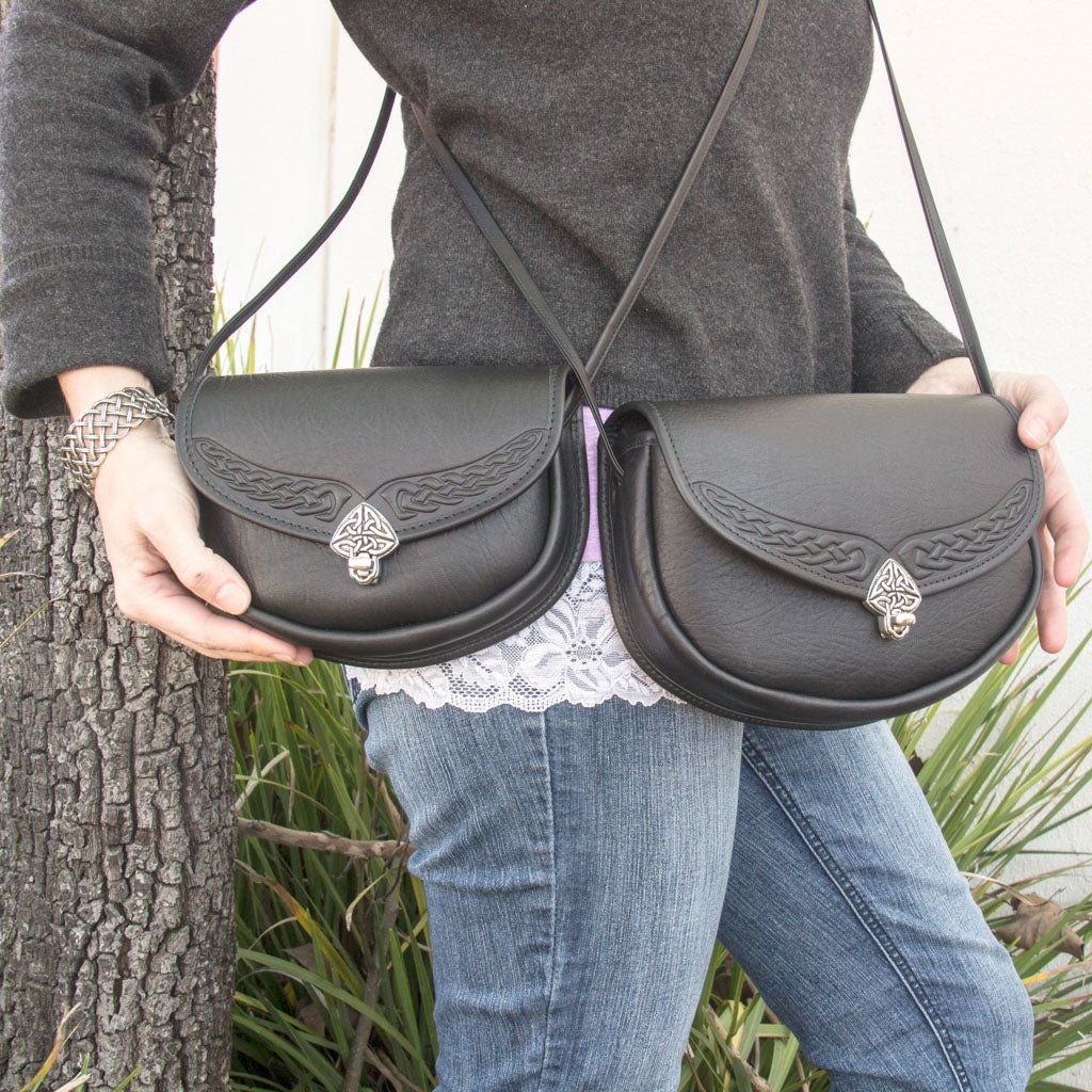 Oberon Design Leather Women&#39;s Crossbody Handbag, Black Celtic Lilah, Two Sizes