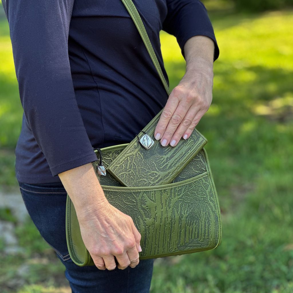 Oberon Design Leather Handbag, Avenue of Trees Retro Crossbody,  Model with Wallet