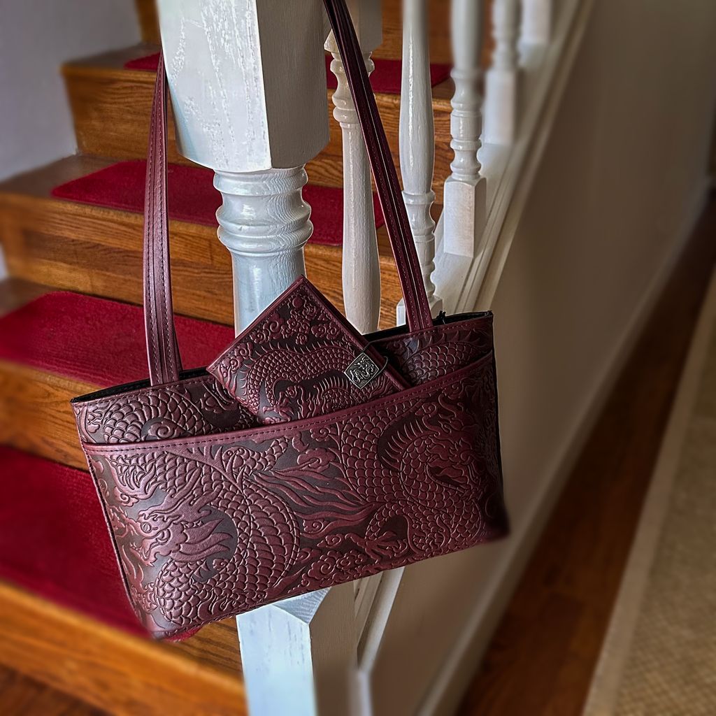Oberon Design Leather Women&#39;s Handbag, Cloud Dragon Streamline, Wine, Hanging
