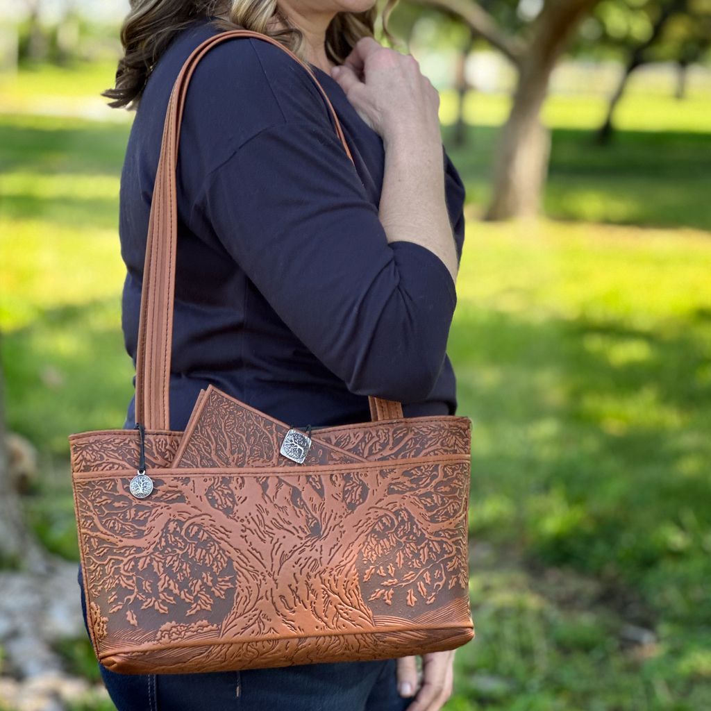 Oberon Design Leather Women's Handbag, Tree of Life Streamline Chocolate