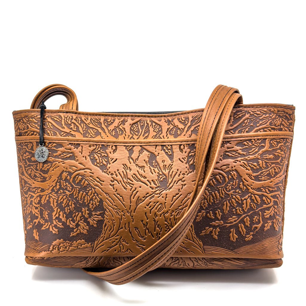 Oberon Design Leather Women&#39;s Handbag, Tree of Life Streamline, Saddle with Pocket