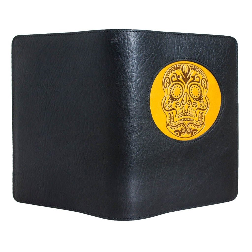 Oberon Design Leather Refillable Icon Journal Cover, Sugar Skull, Open