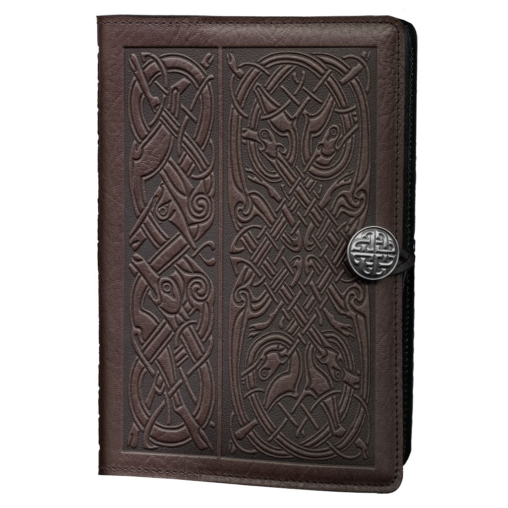 Oberon Design Leather Refillable Journal Cover, Celtic Hounds, Chocolate