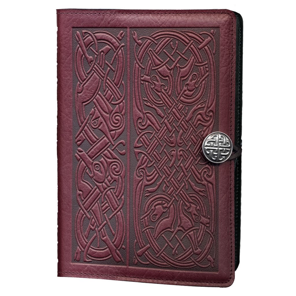 Oberon Design Leather Refillable Journal Cover, Celtic Hounds, Wine