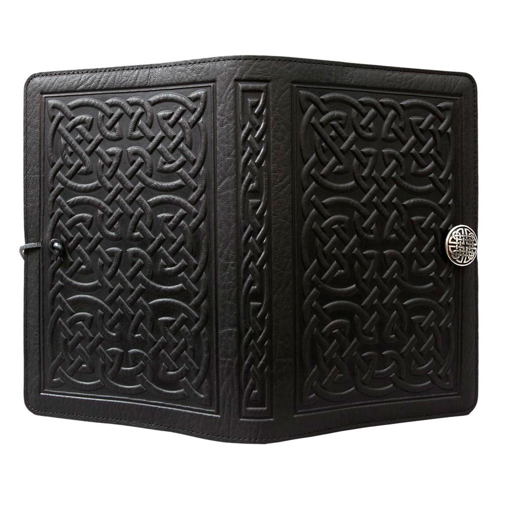 Oberon Design Leather Refillable Journal Cover, Bold Celtic, Black - Open