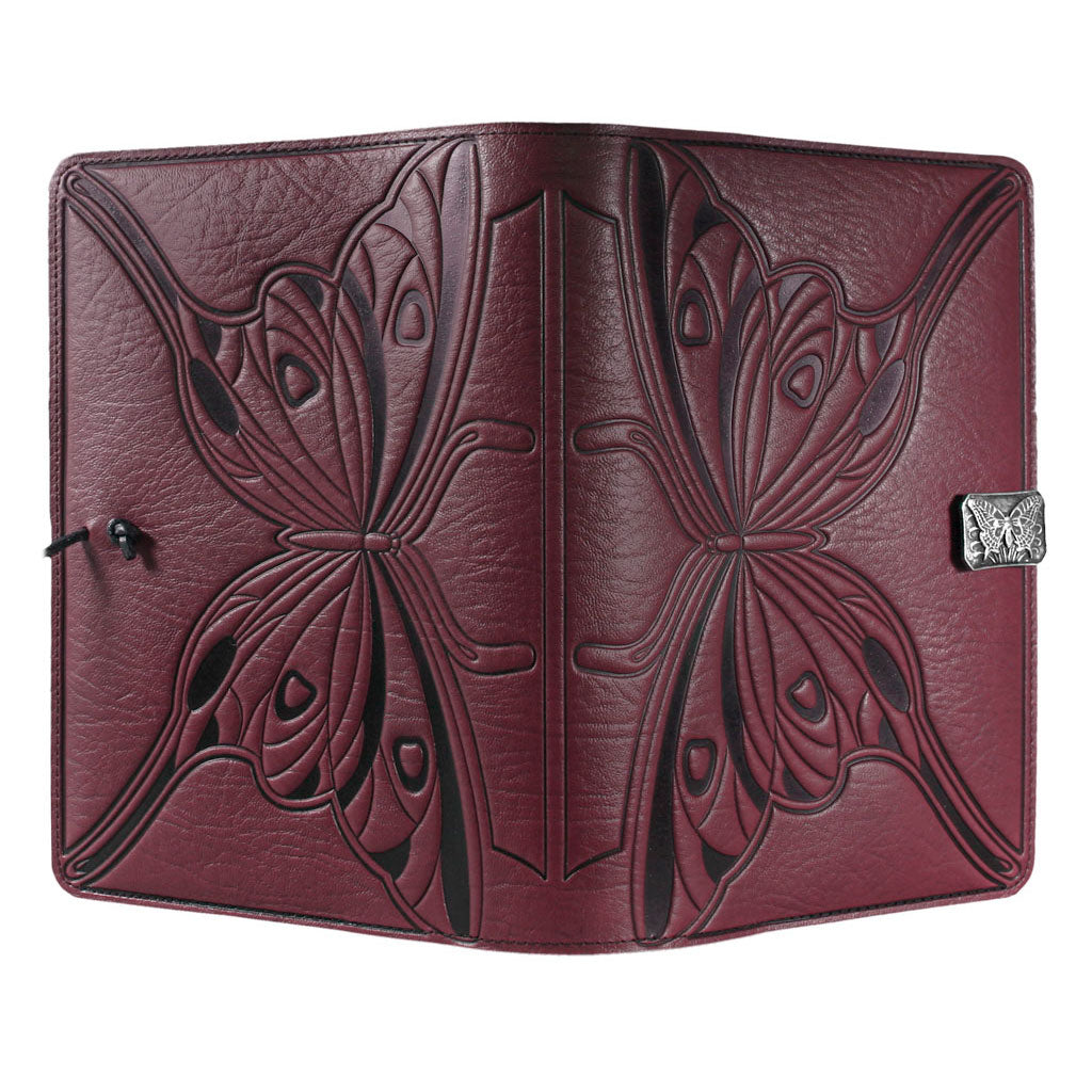 Oberon Design Leather Refillable Journal Cover, Butterfly, WIne - Open