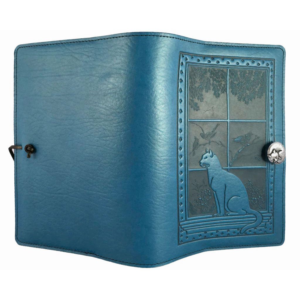 Oberon Design Leather Refillable Journal Cover, Cat in Window, Blue - Open