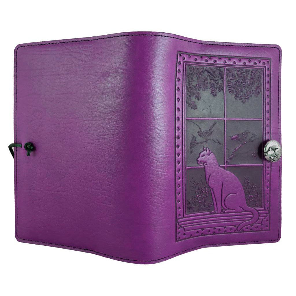 Oberon Design Leather Refillable Journal Cover, Cat in Window, Orchid - Open