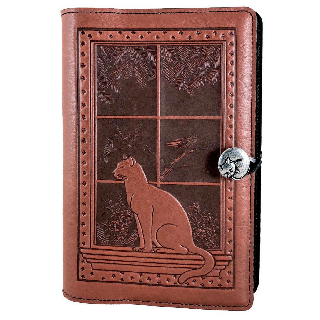 Oberon Design Leather Refillable Journal Cover, Cat in Window, Saddle