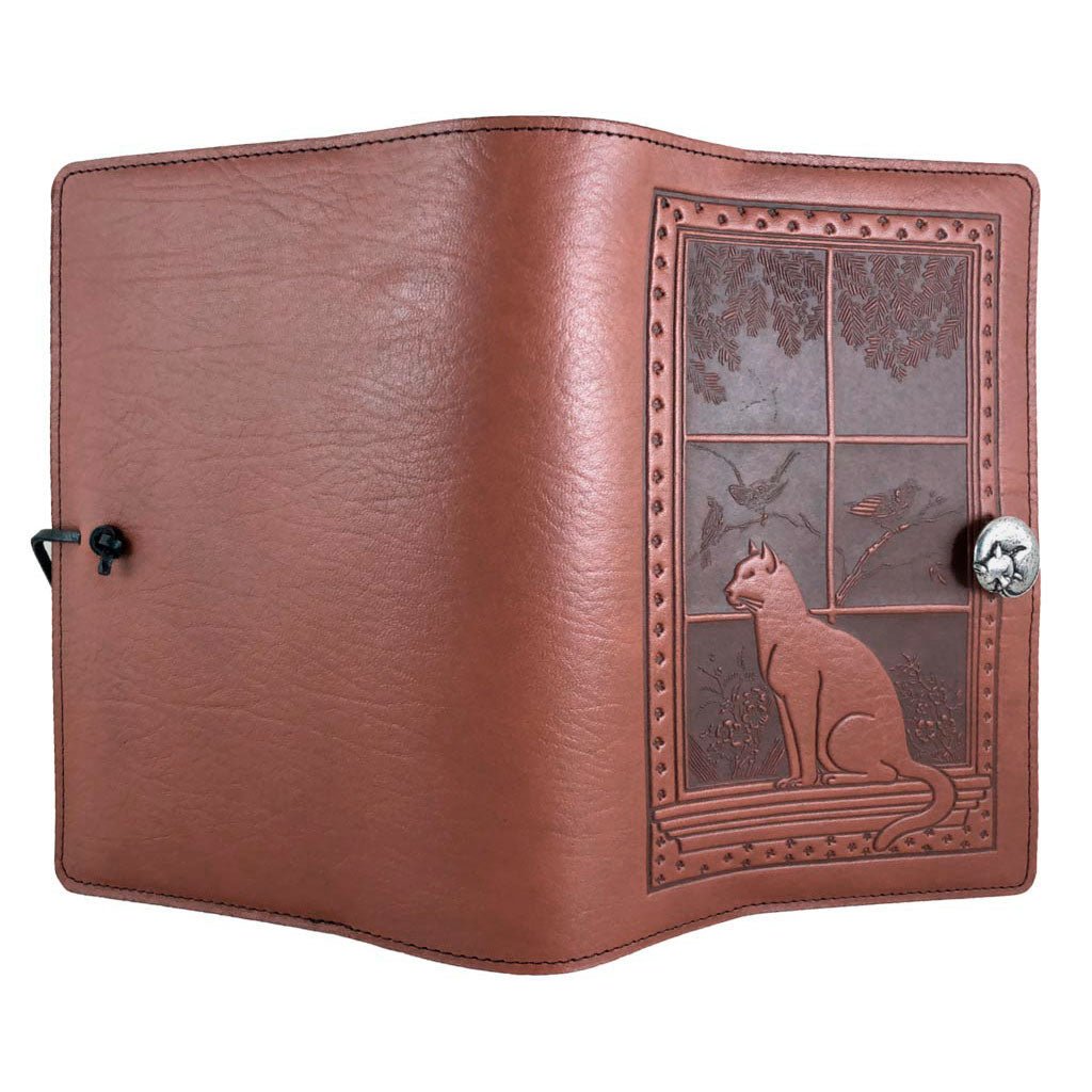 Oberon Design Leather Refillable Journal Cover, Cat in Window, Saddle - Open