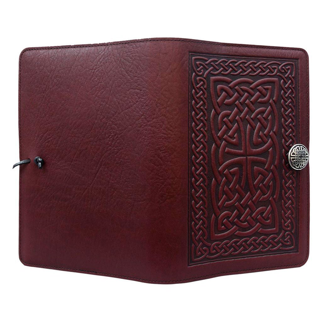 Oberon Design Leather Refillable Journal Cover, Celtic Braid, Wine - Open