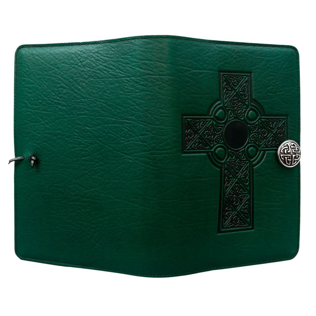 Oberon Design Leather Refillable Journal Cover, Celtic Cross, Green - Open