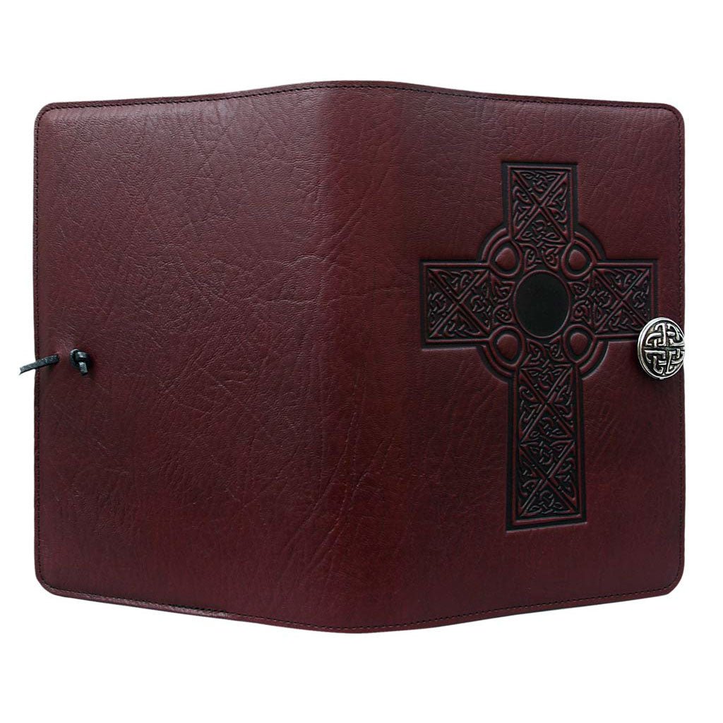Oberon Design Leather Refillable Journal Cover, Celtic Cross, Wine - Open