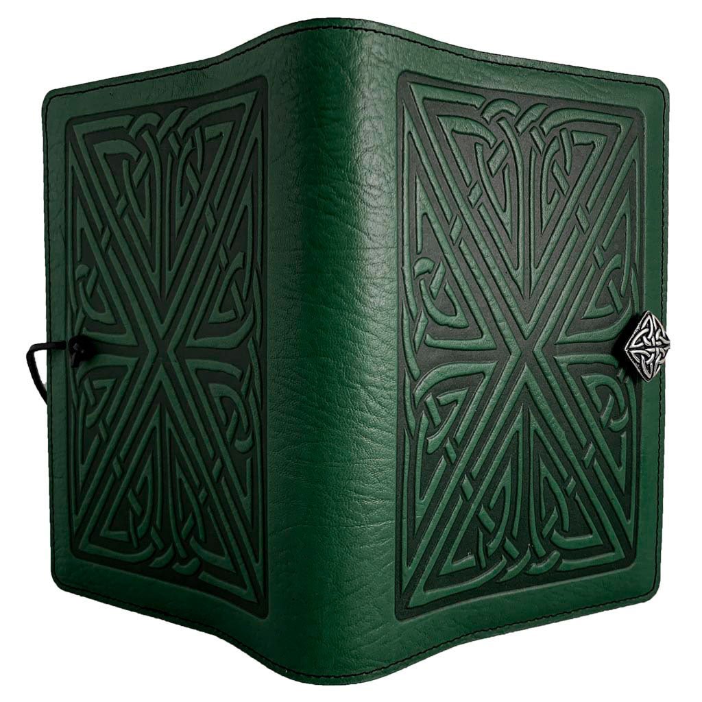 Oberon Design Leather Refillable Journal Cover, Celtic Weave, Green - Open