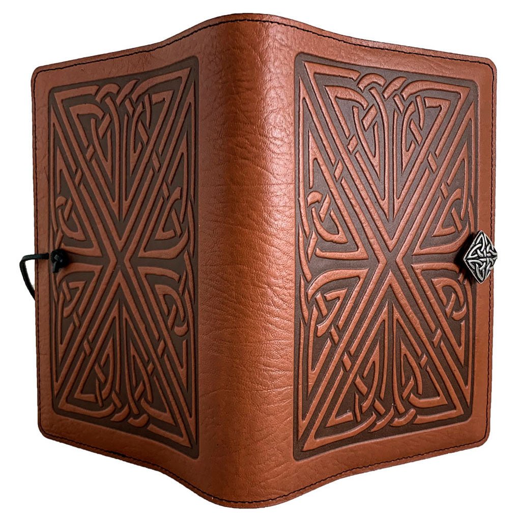 Oberon Design Leather Refillable Journal Cover, Celtic Weave, Saddle - Open