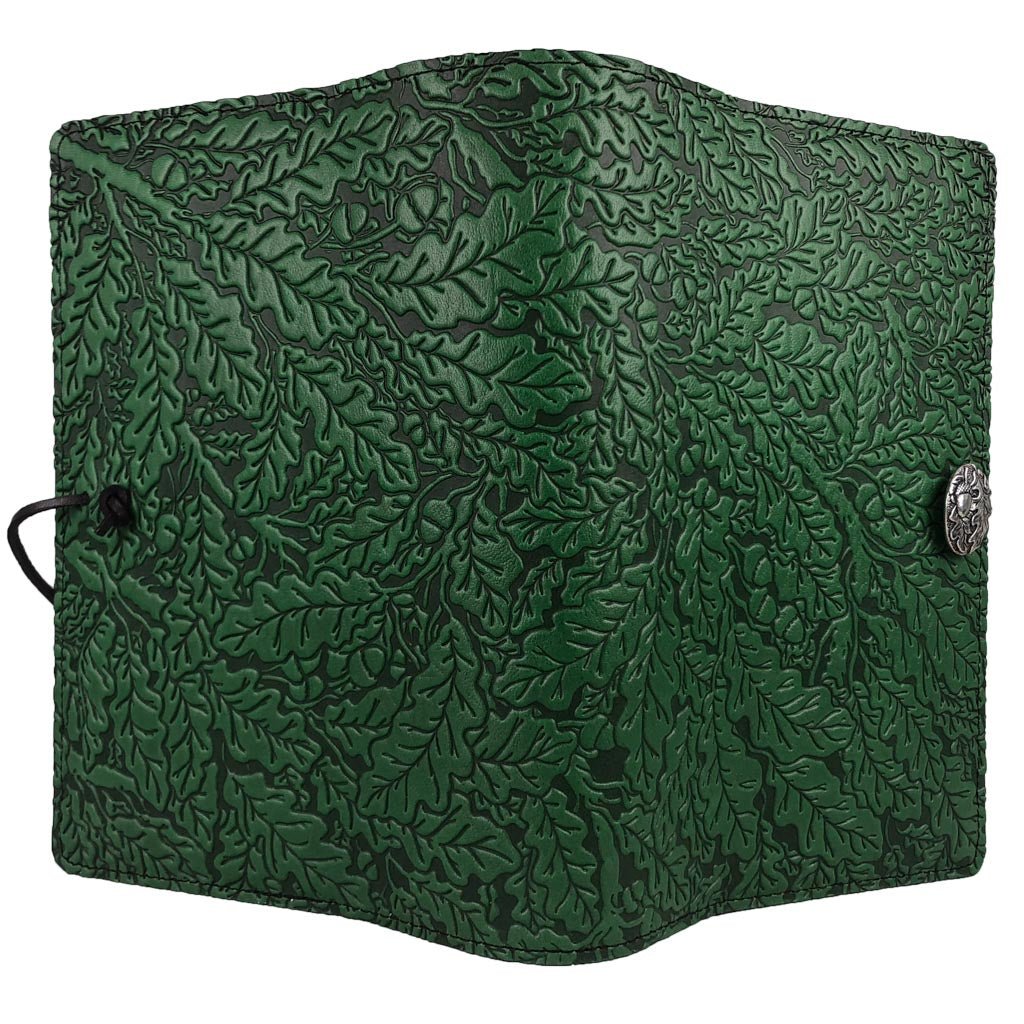 Oberon Design Leather Refillable Journal Cover, Oak Leaves, Green - Open