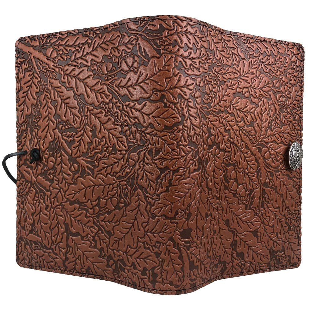 Oberon Design Leather Refillable Journal Cover, Oak Leaves, Saddle - Open