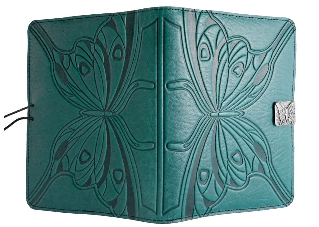 Genuine leather cover, case for Kindle e-Readers, Butterfly, Teal - Open