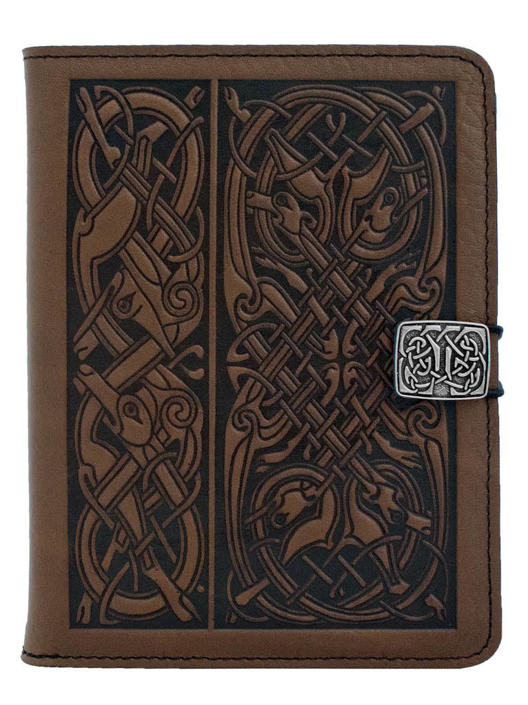 Genuine leather cover, case for Kindle e-Readers, Celtic Hounds, Chocolate