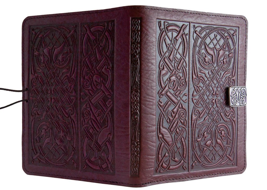 Genuine leather cover, case for Kindle e-Readers, Celtic Hounds, Wine - Open