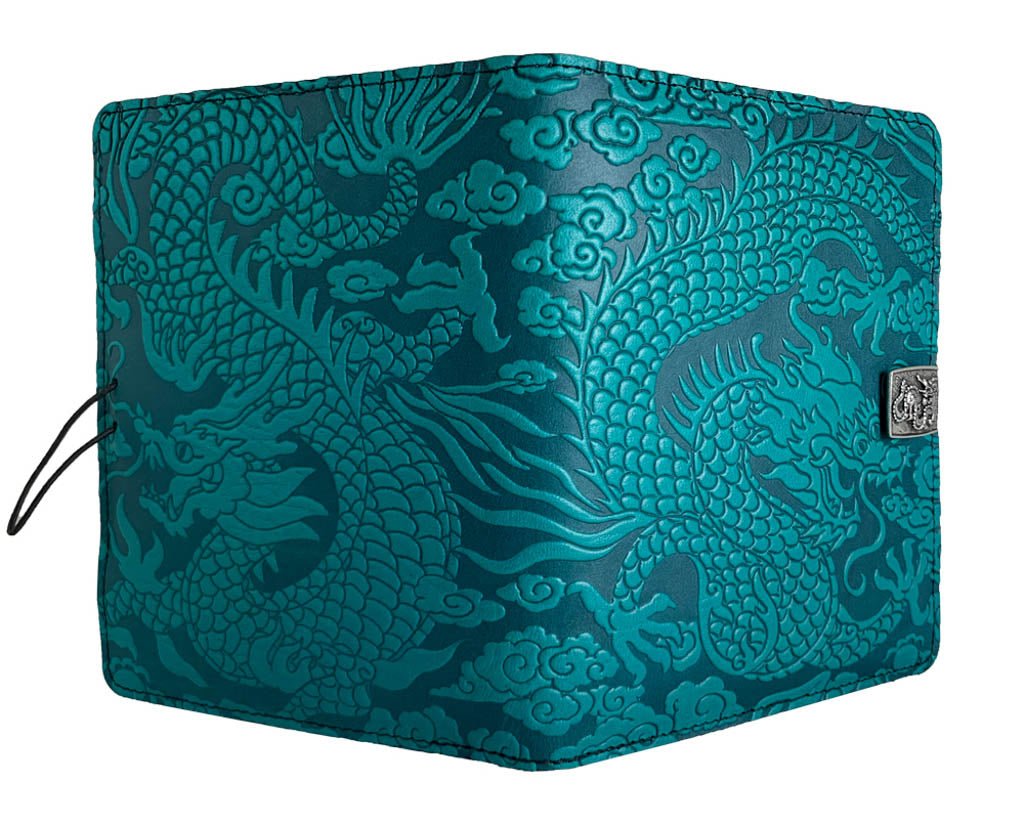Genuine leather cover, case for Kindle e-Readers, Cloud Dragon, Teal - Open