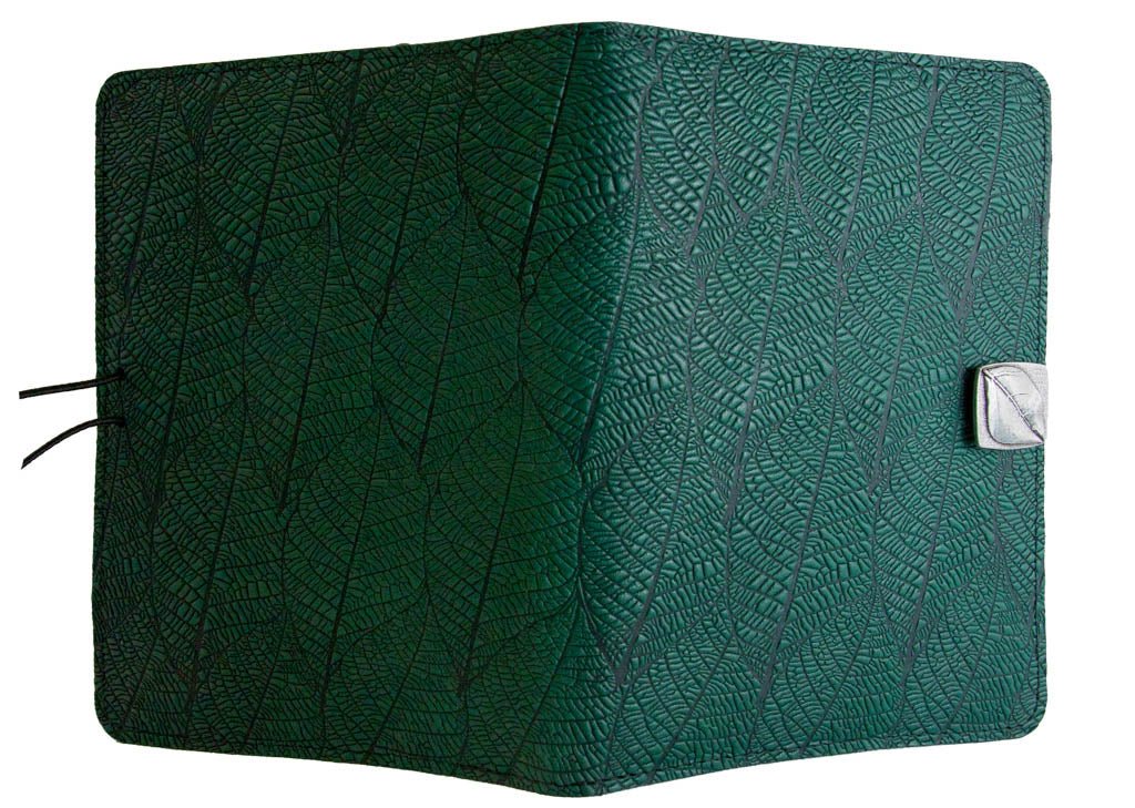 Genuine leather cover, case for Kindle e-Readers, Fallen Leaves, Green - Open