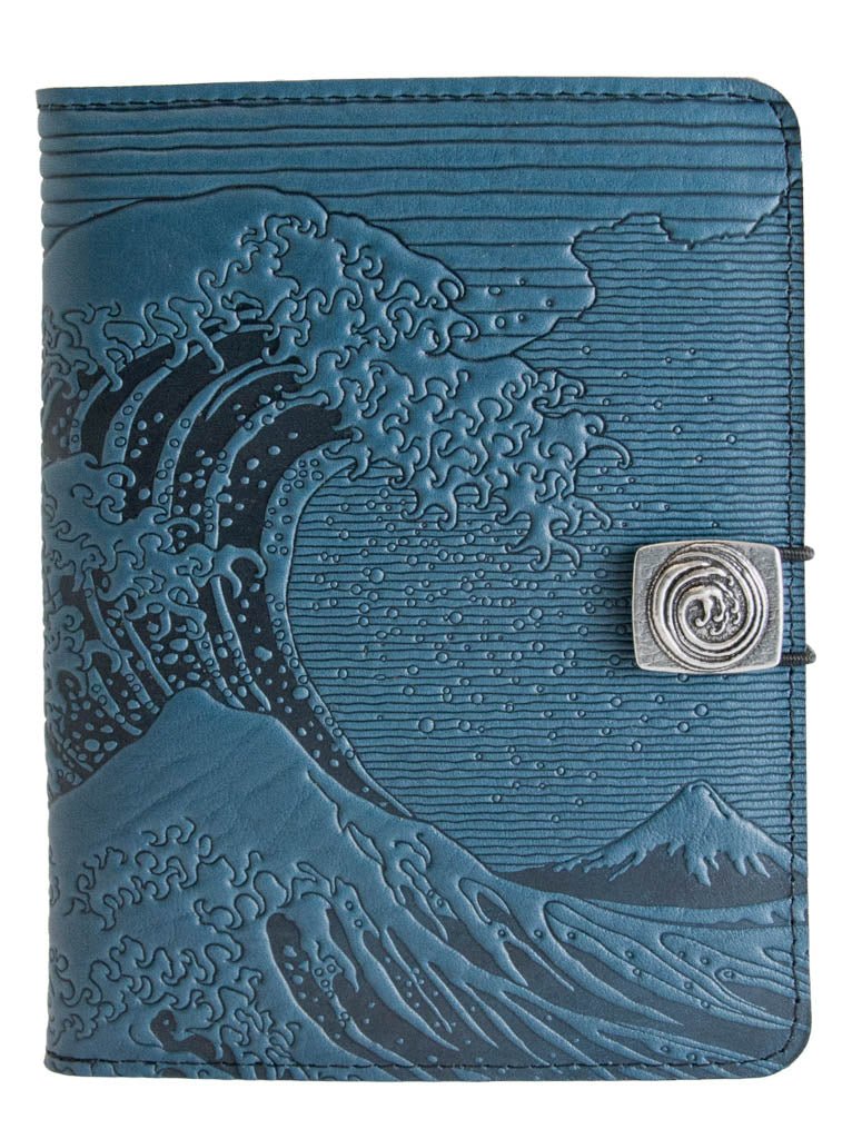 Genuine leather cover, case for Kindle e-Readers, Hokusai Wave, Blue