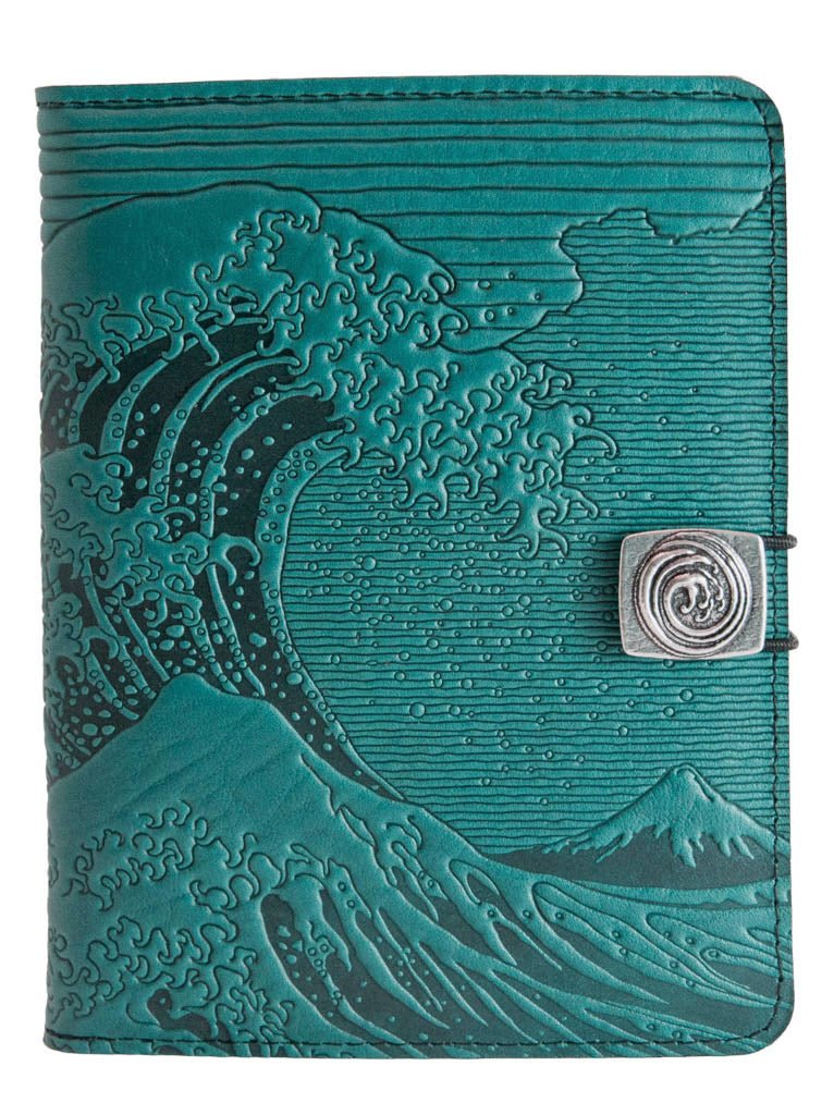 Genuine leather cover, case for Kindle e-Readers, Hokusai Wave, Teal