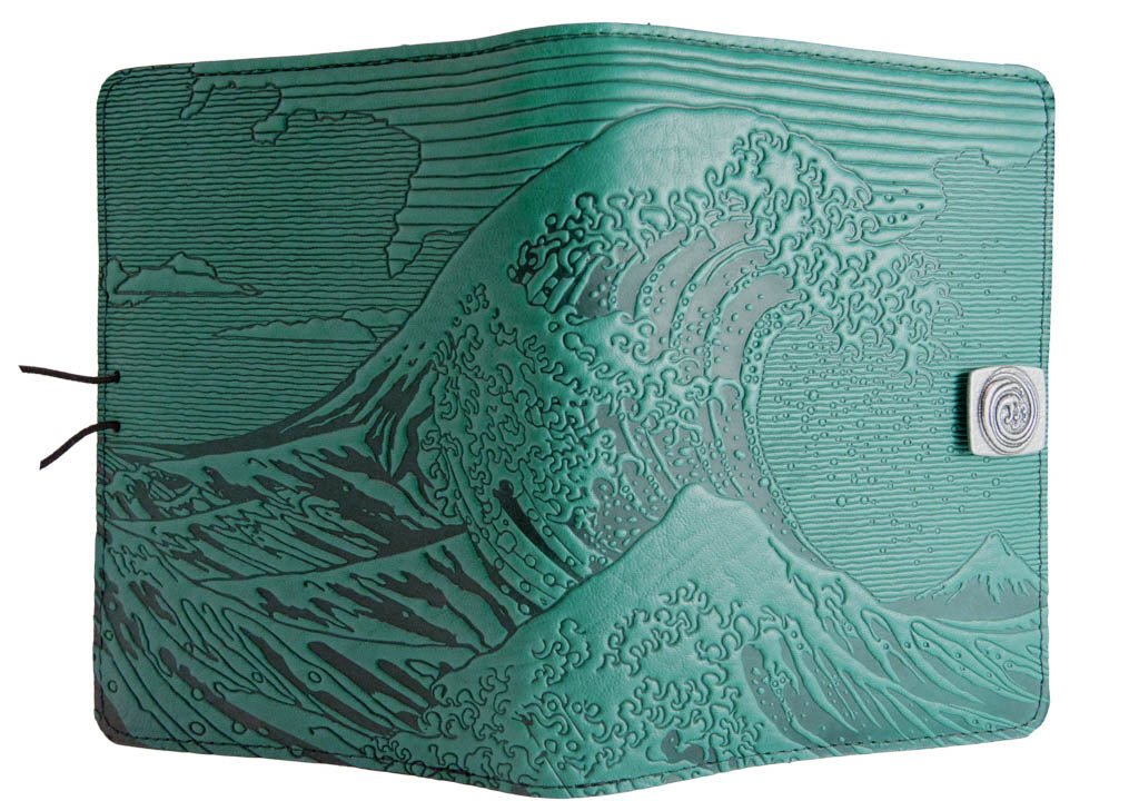 Genuine leather cover, case for Kindle e-Readers, Hokusai Wave, Teal - Open