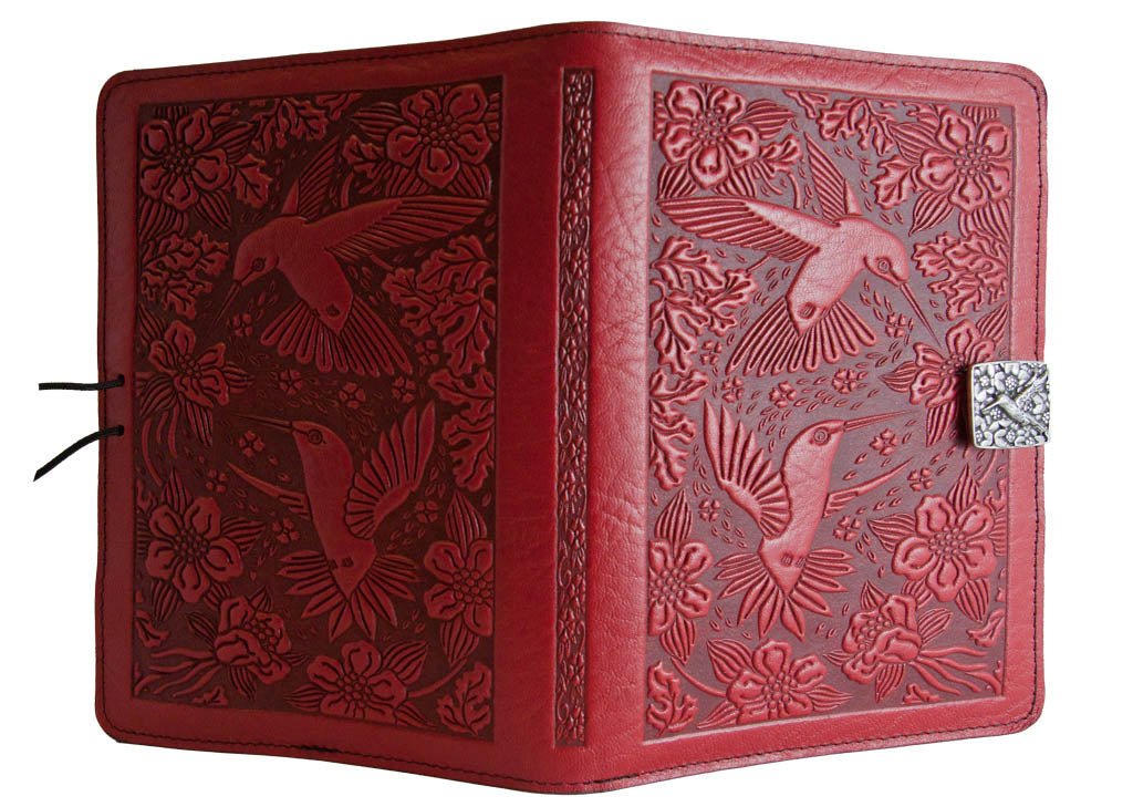 Genuine leather cover, case for Kindle e-Readers, Hummingbirds, Red - Open