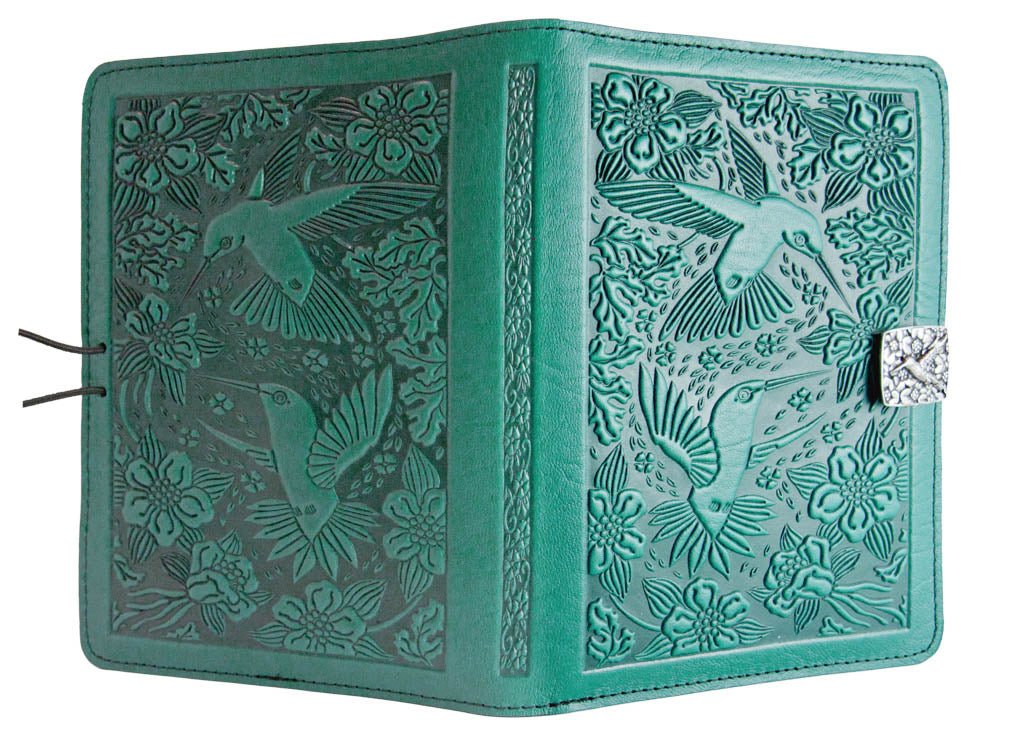 Genuine leather cover, case for Kindle e-Readers, Hummingbirds, Teal - Open