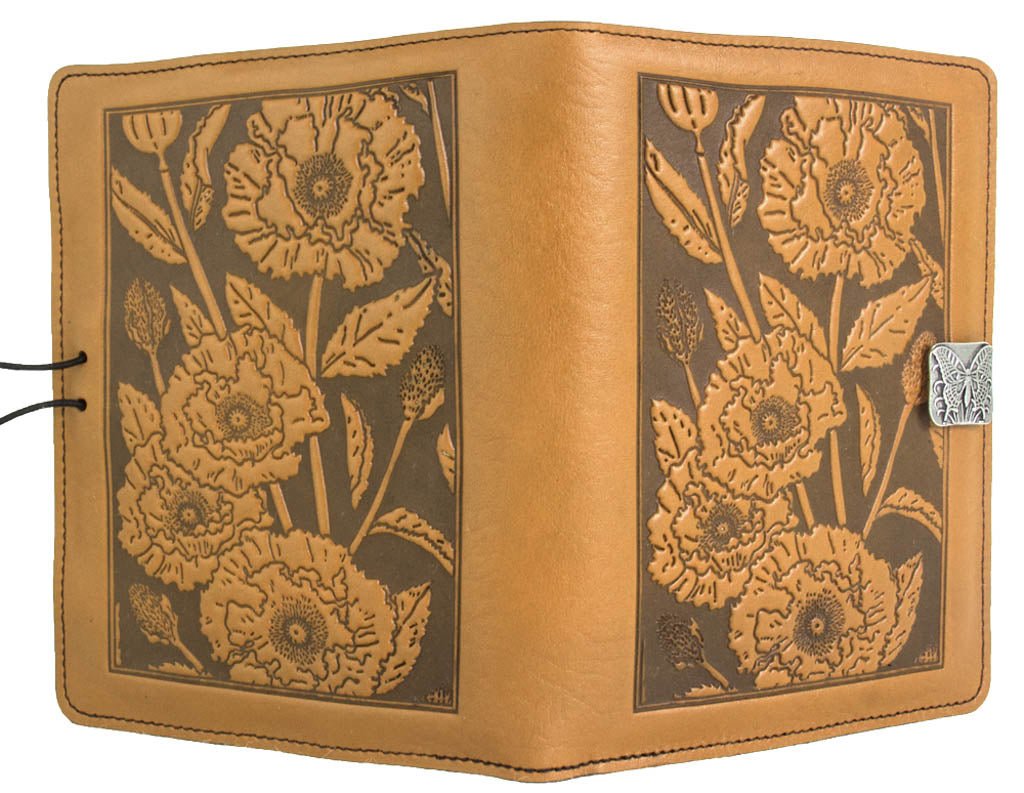 Genuine leather cover, case for Kindle e-Readers, Oriental Poppy, Marigold - Open