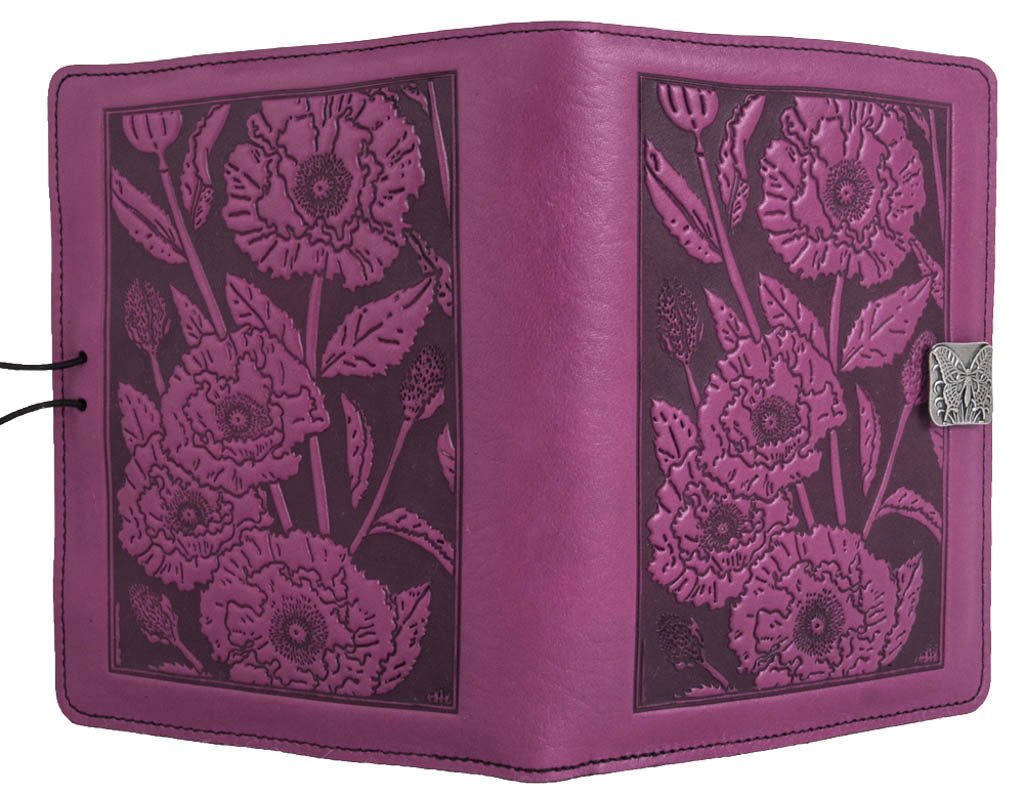 Genuine leather cover, case for Kindle e-Readers, Oriental Poppy, Orchid - Open