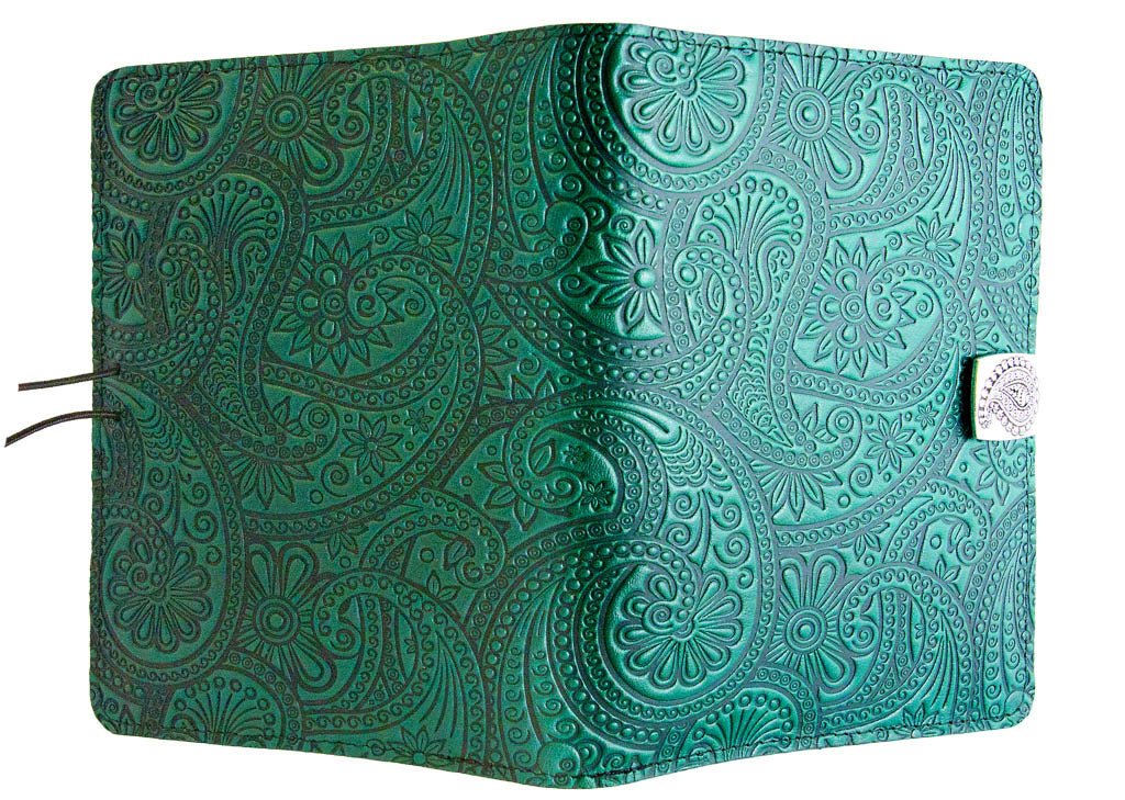 Genuine leather cover, case for Kindle e-Readers, Paisley, Teal - Open