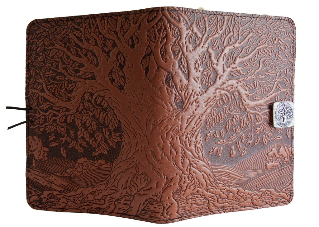 Genuine leather cover, case for Kindle e-Readers, Tree of Life, Saddle - Open