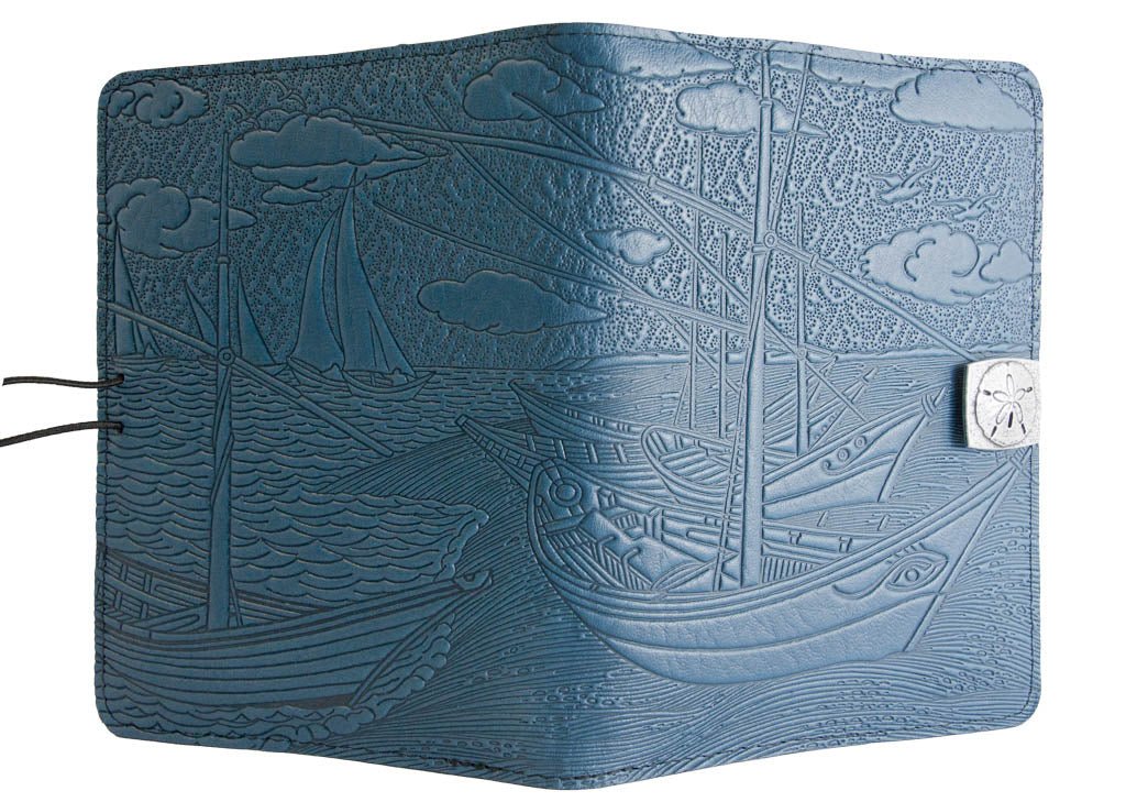 Genuine leather cover, case for Kindle e-Readers, Van Gogh Boats, Blue - Open