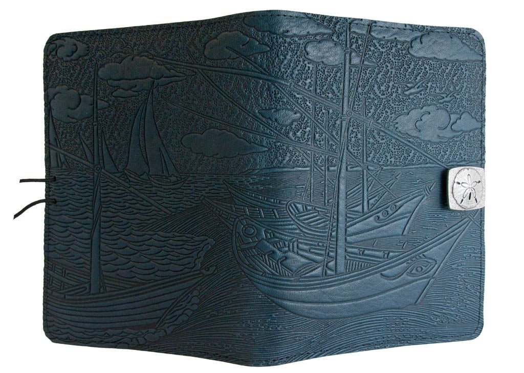 Genuine leather cover, case for Kindle e-Readers, Van Gogh Boats, Navy - Open