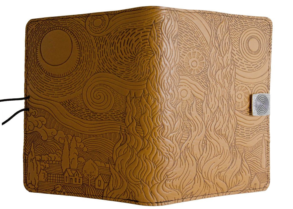 Genuine leather cover, case for Kindle e-Readers, Van Gogh Sky, Marigold - Open