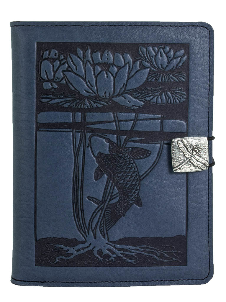 Genuine leather cover, case for Kindle e-Readers, Water Lily Koi, Navy