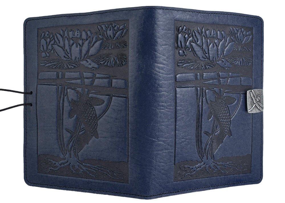 Genuine leather cover, case for Kindle e-Readers, Water Lily Koi, Navy - Open