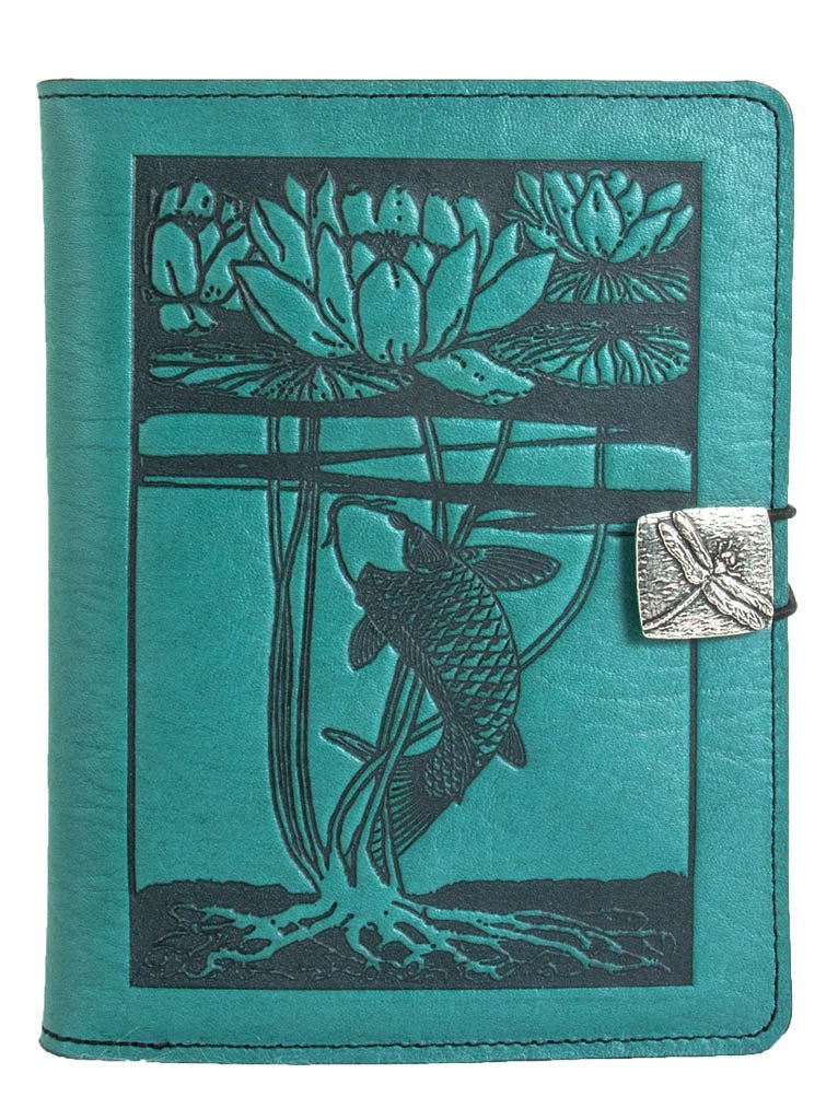 Genuine leather cover, case for Kindle e-Readers, Water Lily Koi, Teal