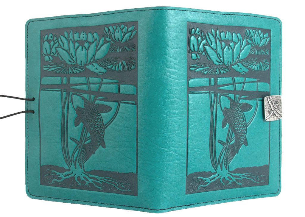Genuine leather cover, case for Kindle e-Readers, Water Lily Koi, Teal - Open