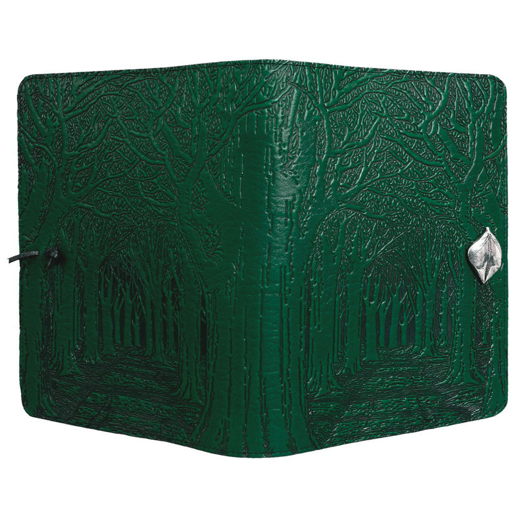 Oberon Design Large Refillable Leather Notebook Cover, Avenue of Trees, Green - Open