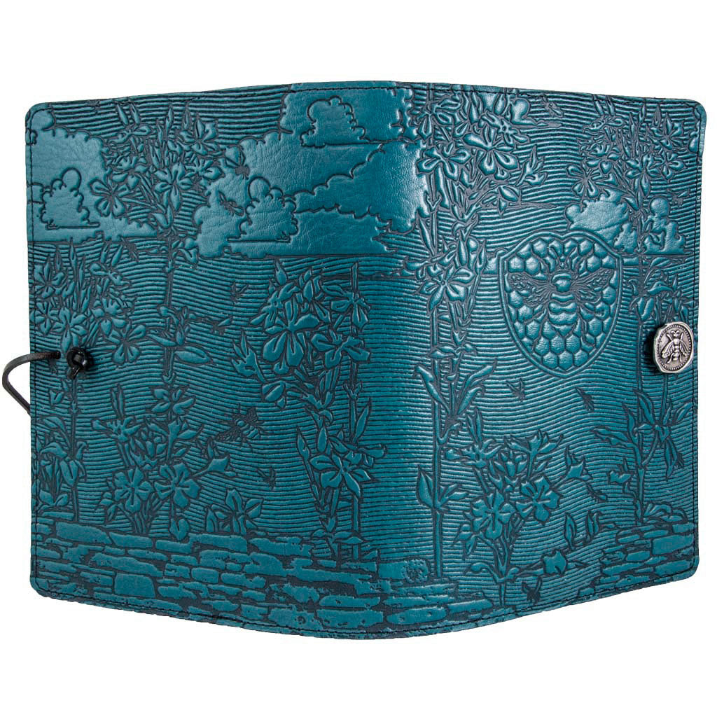 Oberon Design Large Refillable Leather Notebook Cover, Bee Garden, Blue - Open