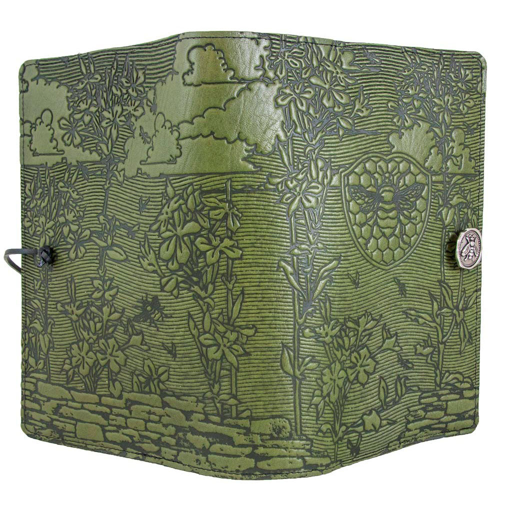Oberon Design Large Refillable Leather Notebook Cover, Bee Garden, Fern - Open